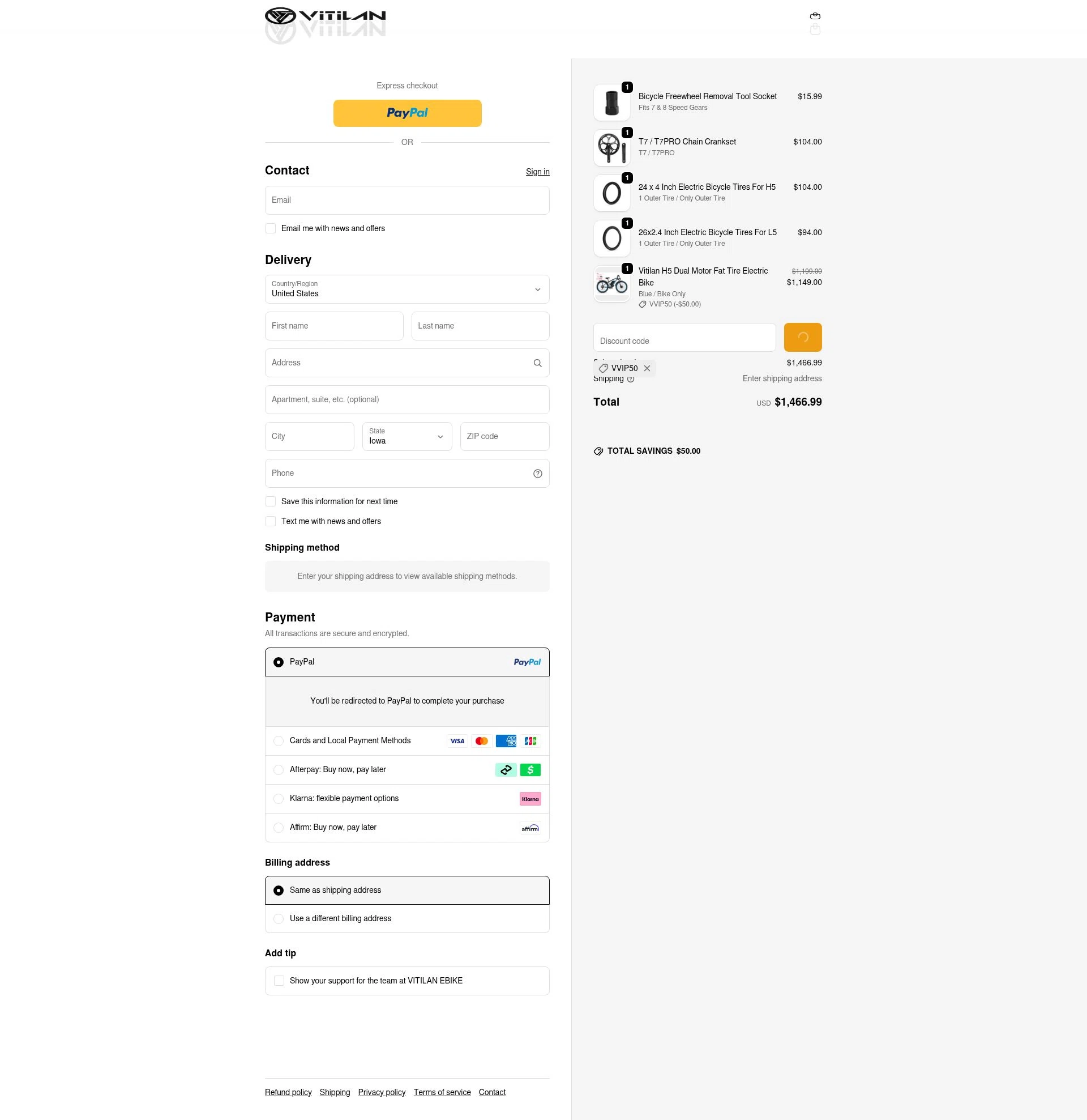 Vitilan EBike checkout page showing Vitilan EBike promo code box | Screenshot taken by SimplyCodes community member on Feb 11, 2026