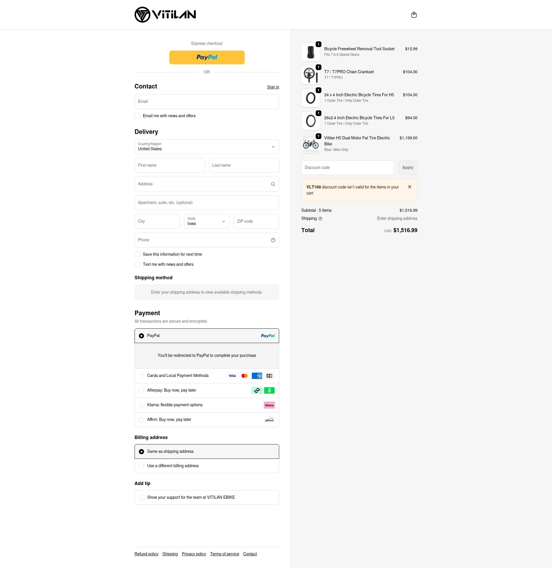Vitilan EBike checkout page showing Vitilan EBike promo code box | Screenshot taken by SimplyCodes community member on Feb 2, 2026