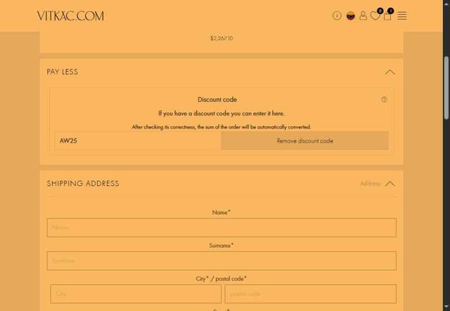 Vitkac checkout page showing Vitkac promo code box | Screenshot taken by SimplyCodes community member on Sep 13, 2025