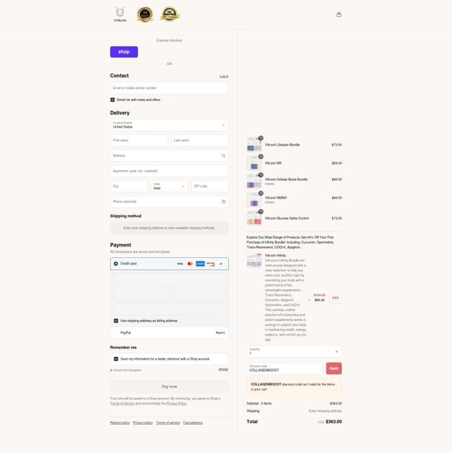 Vitruvin checkout page showing Vitruvin promo code box | Screenshot taken by SimplyCodes community member on Sep 7, 2025
