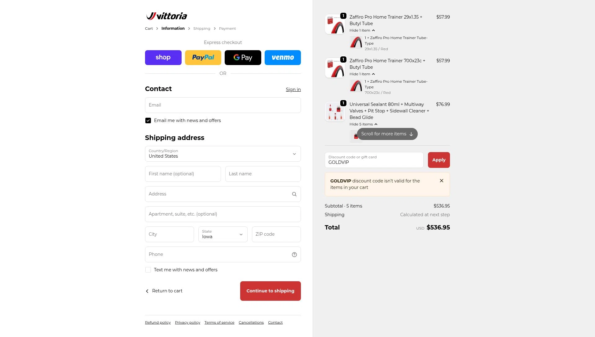 Vittoria checkout page showing Vittoria promo code box | Screenshot taken by SimplyCodes community member on Dec 15, 2025