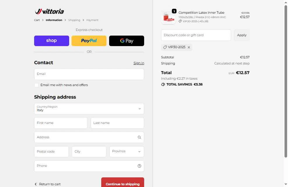 Vittoria checkout page showing Vittoria promo code box | Screenshot taken by SimplyCodes community member on Nov 22, 2025