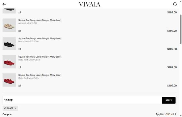 Vivaia checkout page showing Vivaia coupon code box | Screenshot taken by SimplyCodes community member on May 3, 2025