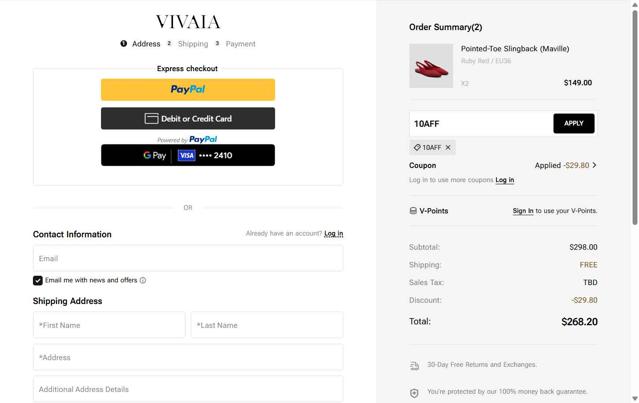 Vivaia checkout page showing Vivaia coupon code box | Screenshot taken by SimplyCodes community member on Jun 6, 2025