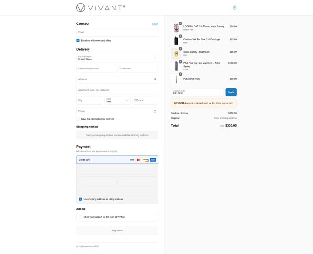 Vivant checkout page showing Vivant discount code box | Screenshot taken by SimplyCodes community member on Sep 2, 2025