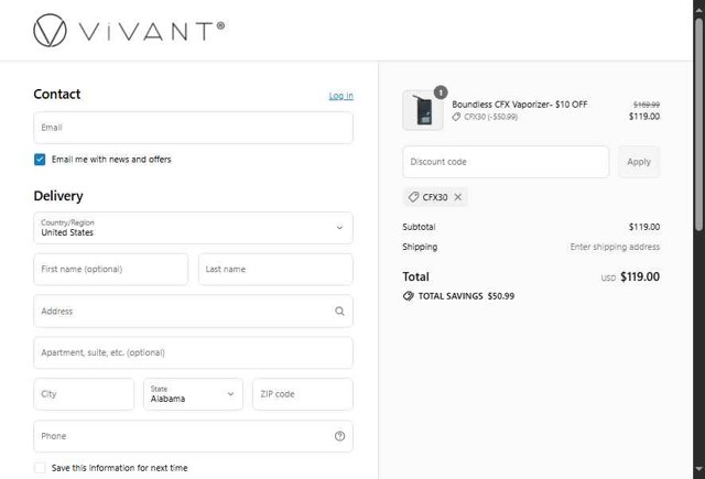 Vivant checkout page showing Vivant discount code box | Screenshot taken by SimplyCodes community member on Sep 2, 2025