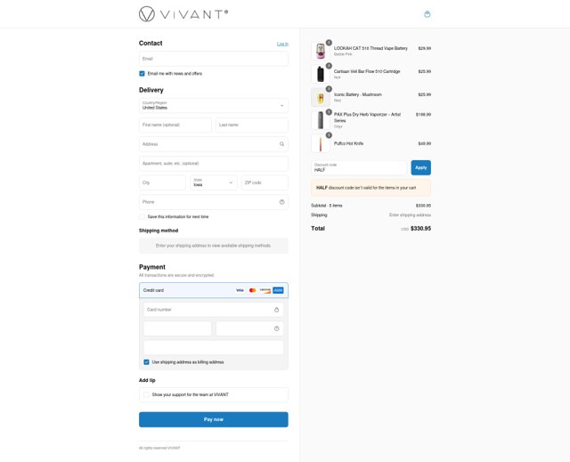 Vivant checkout page showing Vivant discount code box | Screenshot taken by SimplyCodes community member on Sep 2, 2025