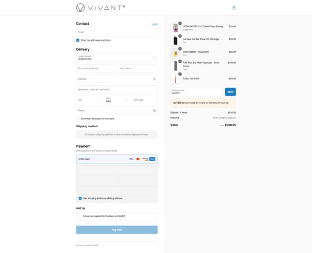 Vivant checkout page showing Vivant discount code box | Screenshot taken by SimplyCodes community member on Sep 2, 2025