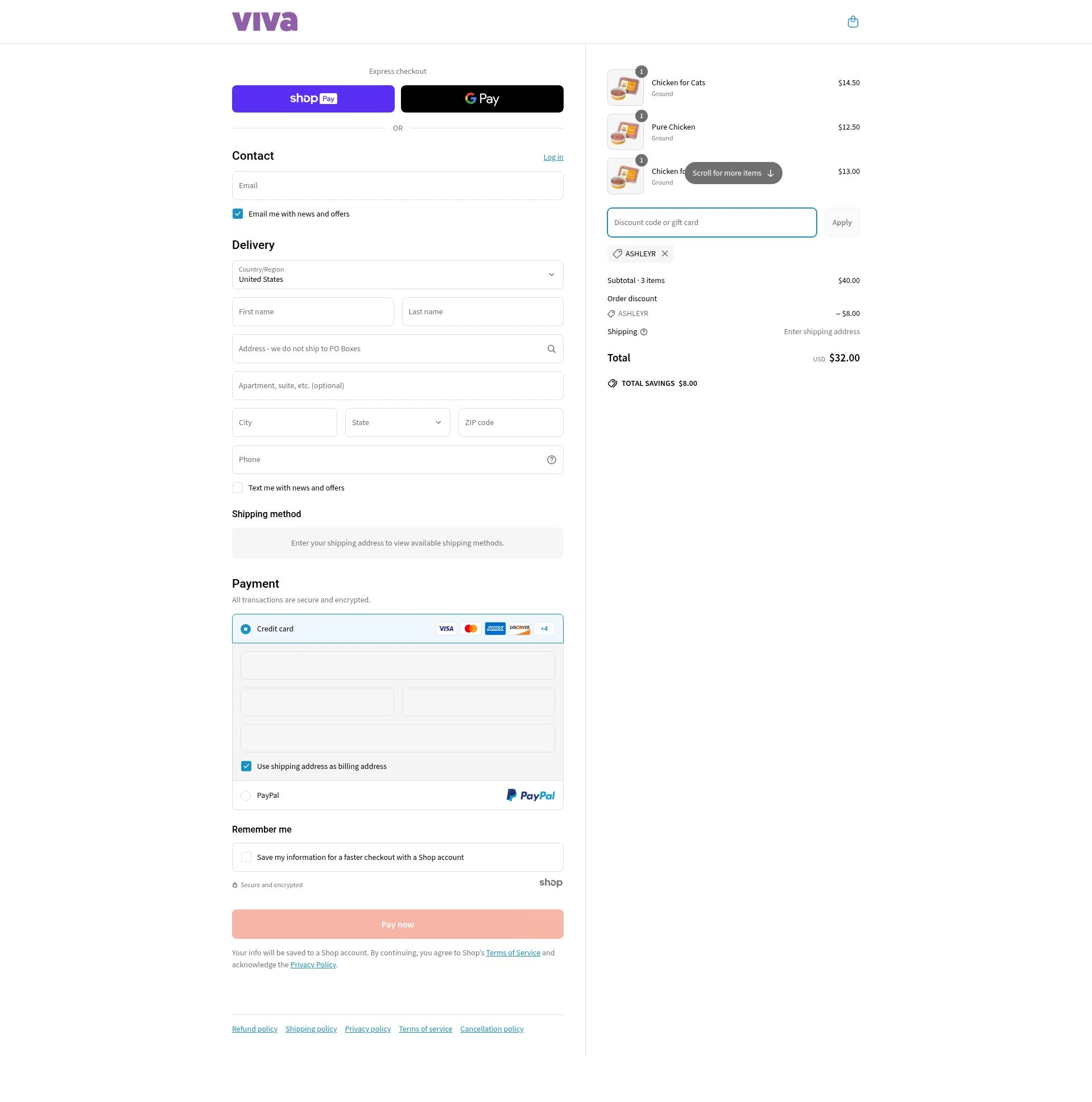 Viva Raw checkout page showing Viva Raw discount code box | Screenshot taken by SimplyCodes community member on Apr 8, 2025