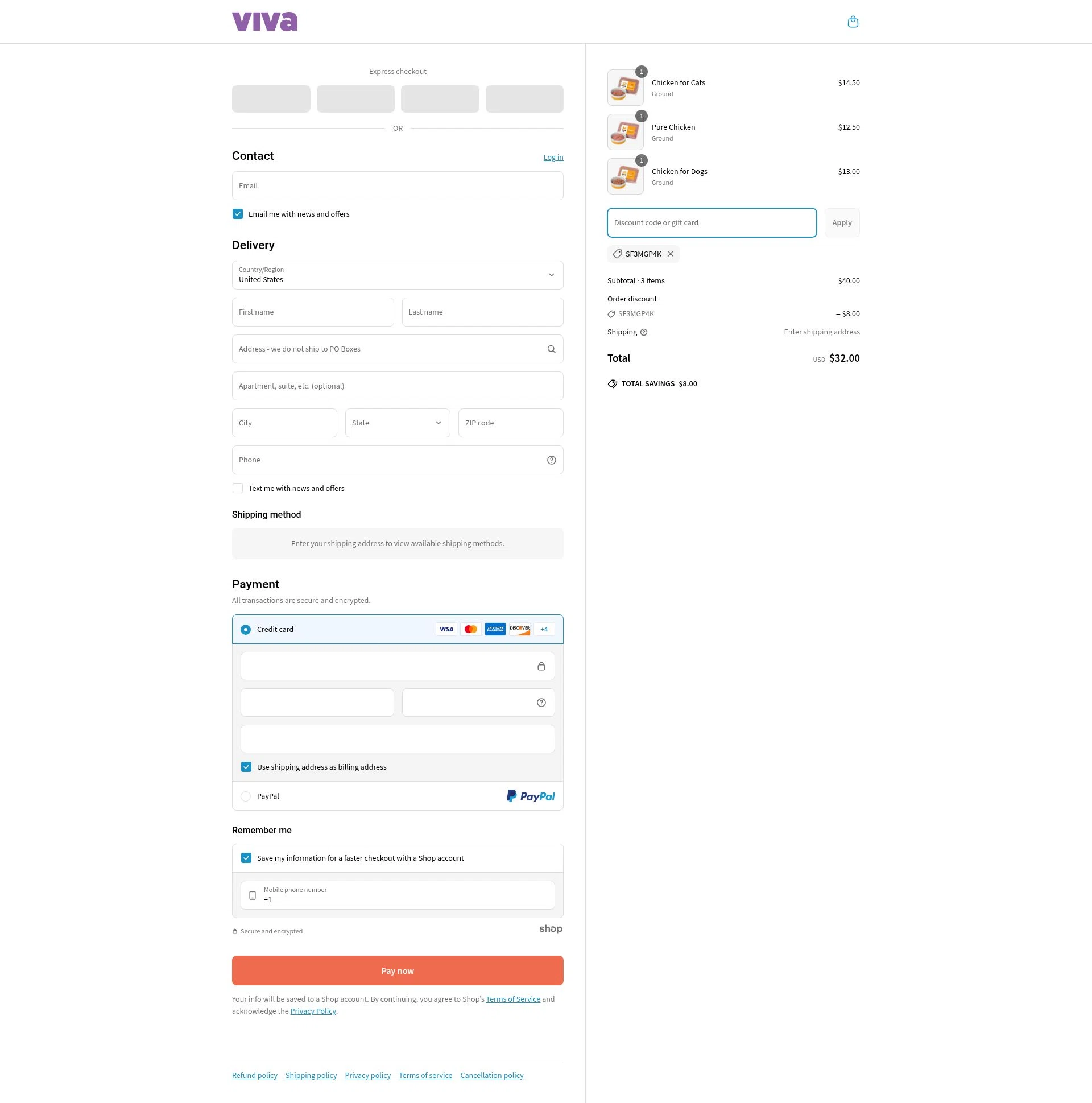 Viva Raw checkout page showing Viva Raw discount code box | Screenshot taken by SimplyCodes community member on Apr 8, 2025