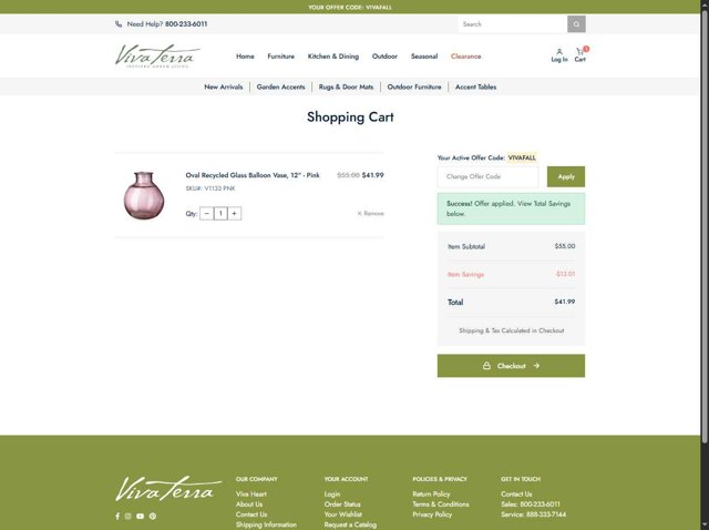 Viva Terra checkout page showing Viva Terra promo code box | Screenshot taken by SimplyCodes community member on Sep 6, 2025