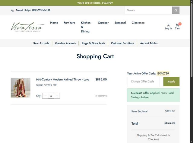 Viva Terra checkout page showing Viva Terra promo code box | Screenshot taken by SimplyCodes community member on Aug 27, 2025
