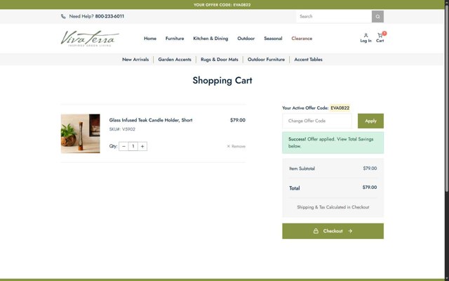 Viva Terra checkout page showing Viva Terra promo code box | Screenshot taken by SimplyCodes community member on Aug 22, 2025