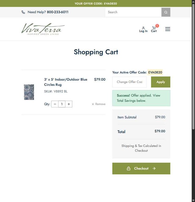 Viva Terra checkout page showing Viva Terra promo code box | Screenshot taken by SimplyCodes community member on Aug 20, 2025
