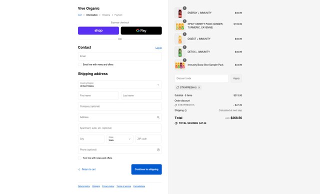 Vive Organic checkout page showing Vive Organic coupon code box | Screenshot taken by SimplyCodes community member on Sep 4, 2025