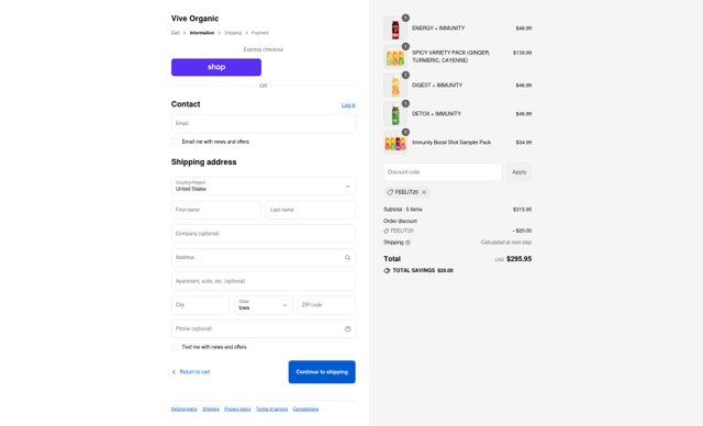 Vive Organic checkout page showing Vive Organic coupon code box | Screenshot taken by SimplyCodes community member on Sep 4, 2025