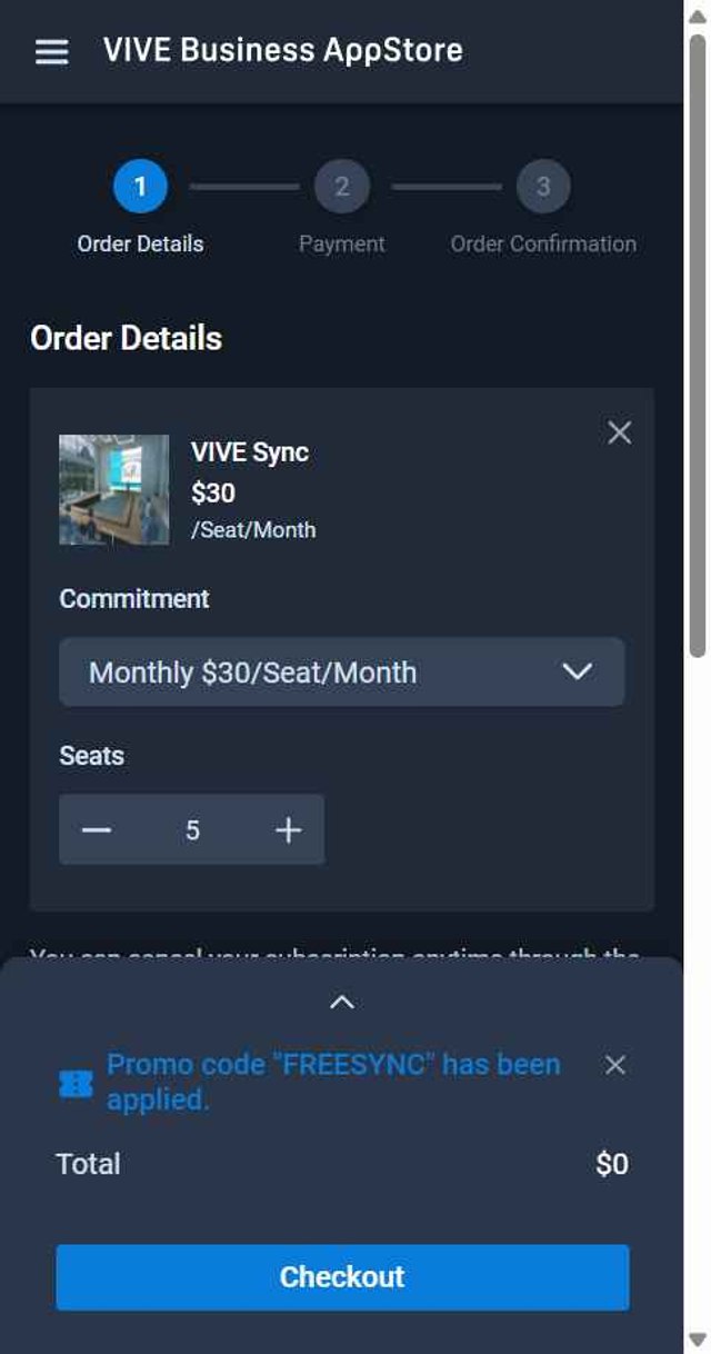 HTC VIVE checkout page showing HTC VIVE discount code box | Screenshot taken by SimplyCodes community member on May 14, 2025