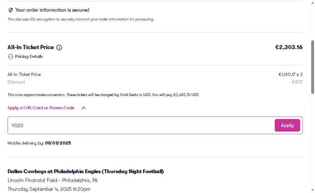 Vivid Seats checkout page showing Vivid Seats promo code box | Screenshot taken by SimplyCodes community member on Aug 9, 2025