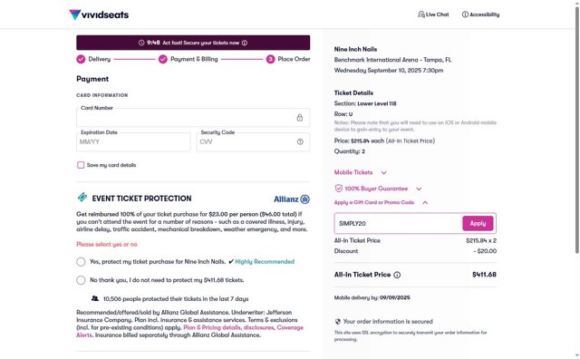 Vivid Seats checkout page showing Vivid Seats promo code box | Screenshot taken by SimplyCodes community member on Aug 28, 2025