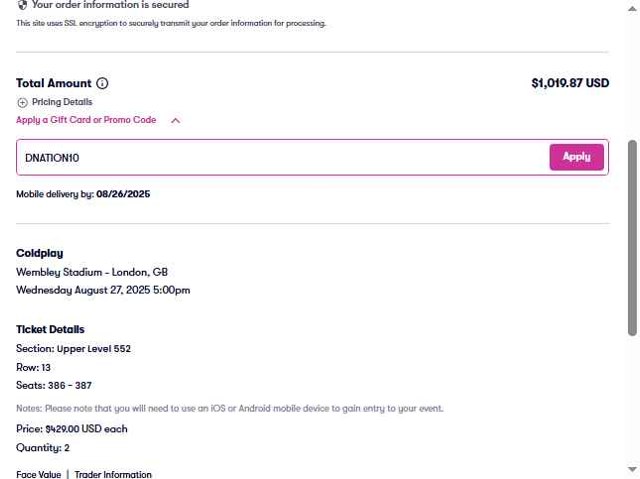 Vivid Seats checkout page showing Vivid Seats promo code box | Screenshot taken by SimplyCodes community member on Aug 7, 2025