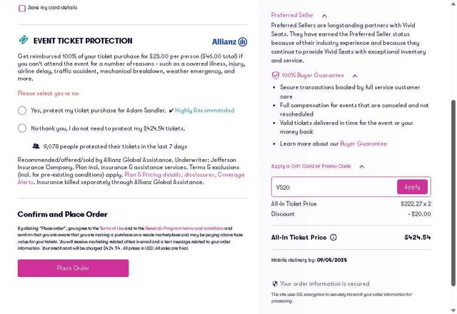 Vivid Seats checkout page showing Vivid Seats promo code box | Screenshot taken by SimplyCodes community member on Aug 19, 2025