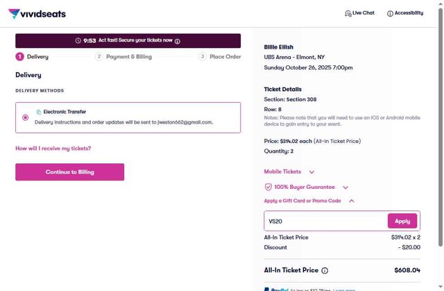 Vivid Seats checkout page showing Vivid Seats promo code box | Screenshot taken by SimplyCodes community member on Aug 22, 2025