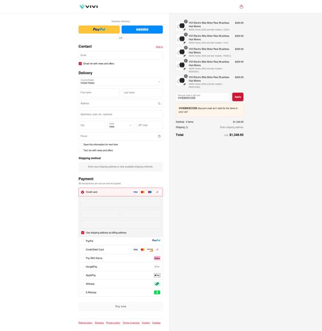 Vivi Ebike checkout page showing Vivi Ebike promo code box | Screenshot taken by SimplyCodes community member on Sep 13, 2025