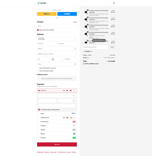 Vivi Ebike checkout page showing Vivi Ebike promo code box | Screenshot taken by SimplyCodes community member on Sep 13, 2025