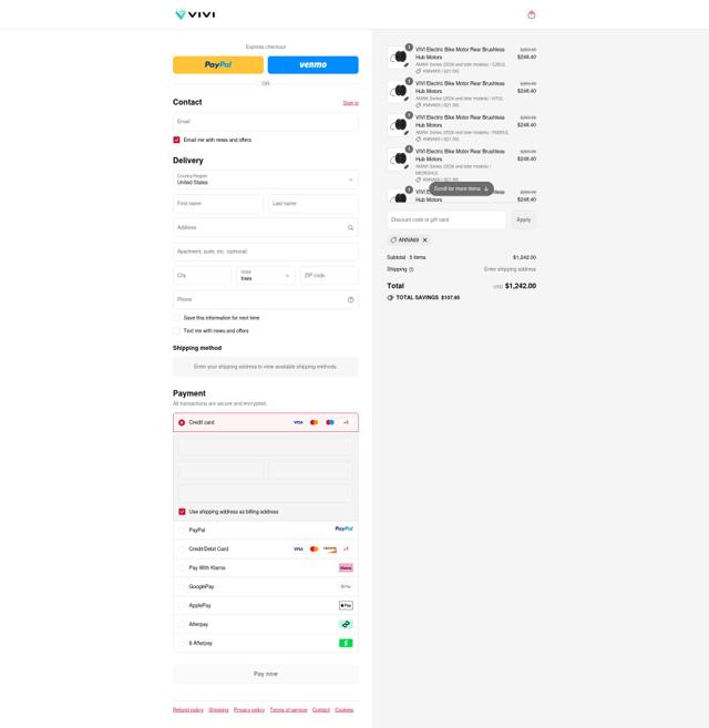 Vivi Ebike checkout page showing Vivi Ebike promo code box | Screenshot taken by SimplyCodes community member on Sep 13, 2025