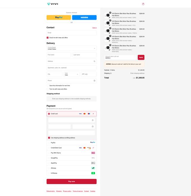 Vivi Ebike checkout page showing Vivi Ebike promo code box | Screenshot taken by SimplyCodes community member on Sep 13, 2025