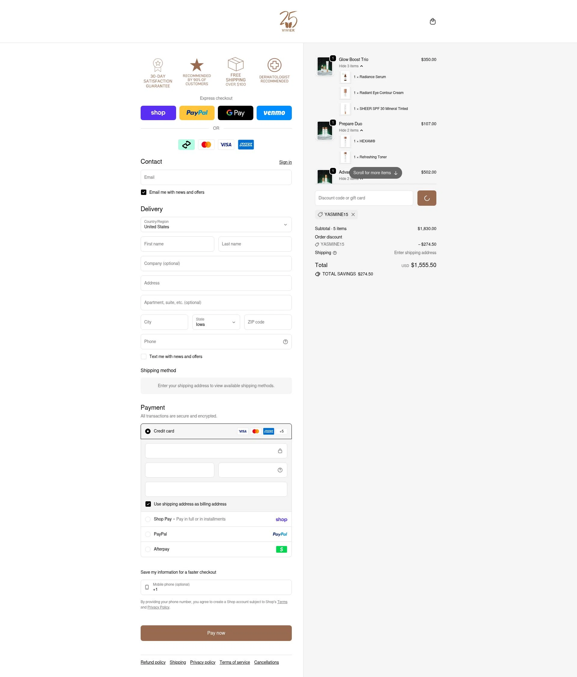 Vivier Skin checkout page showing Vivier Skin discount code box | Screenshot taken by SimplyCodes community member on Feb 7, 2026