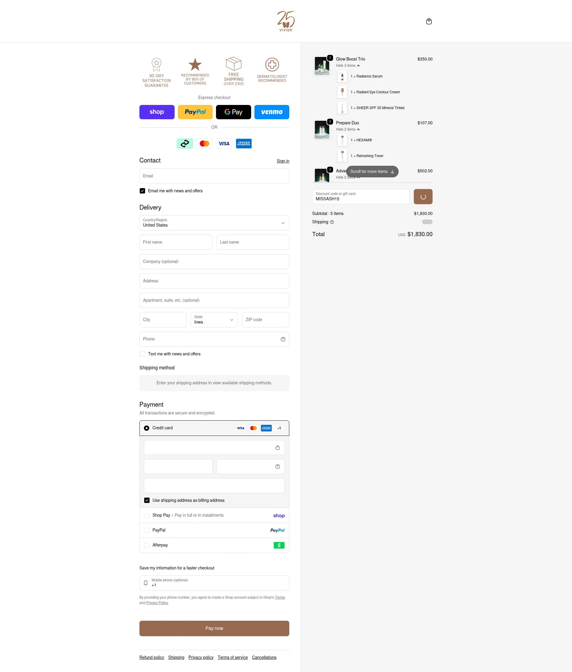 Vivier Skin checkout page showing Vivier Skin discount code box | Screenshot taken by SimplyCodes community member on Feb 7, 2026