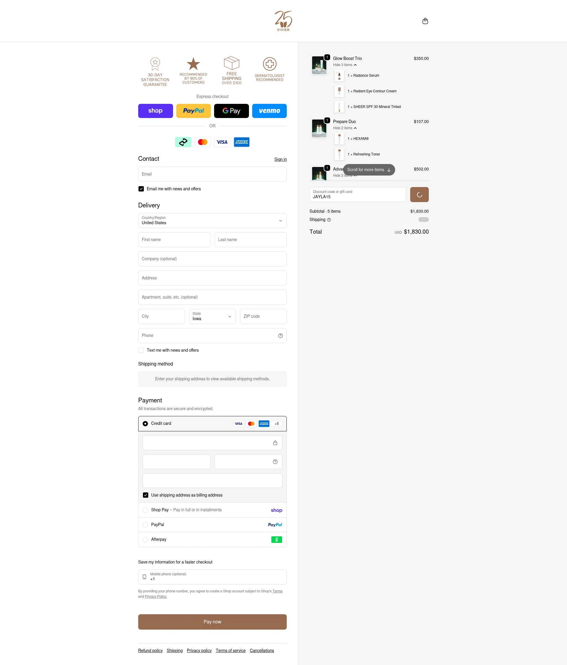 Vivier Skin checkout page showing Vivier Skin discount code box | Screenshot taken by SimplyCodes community member on Feb 2, 2026