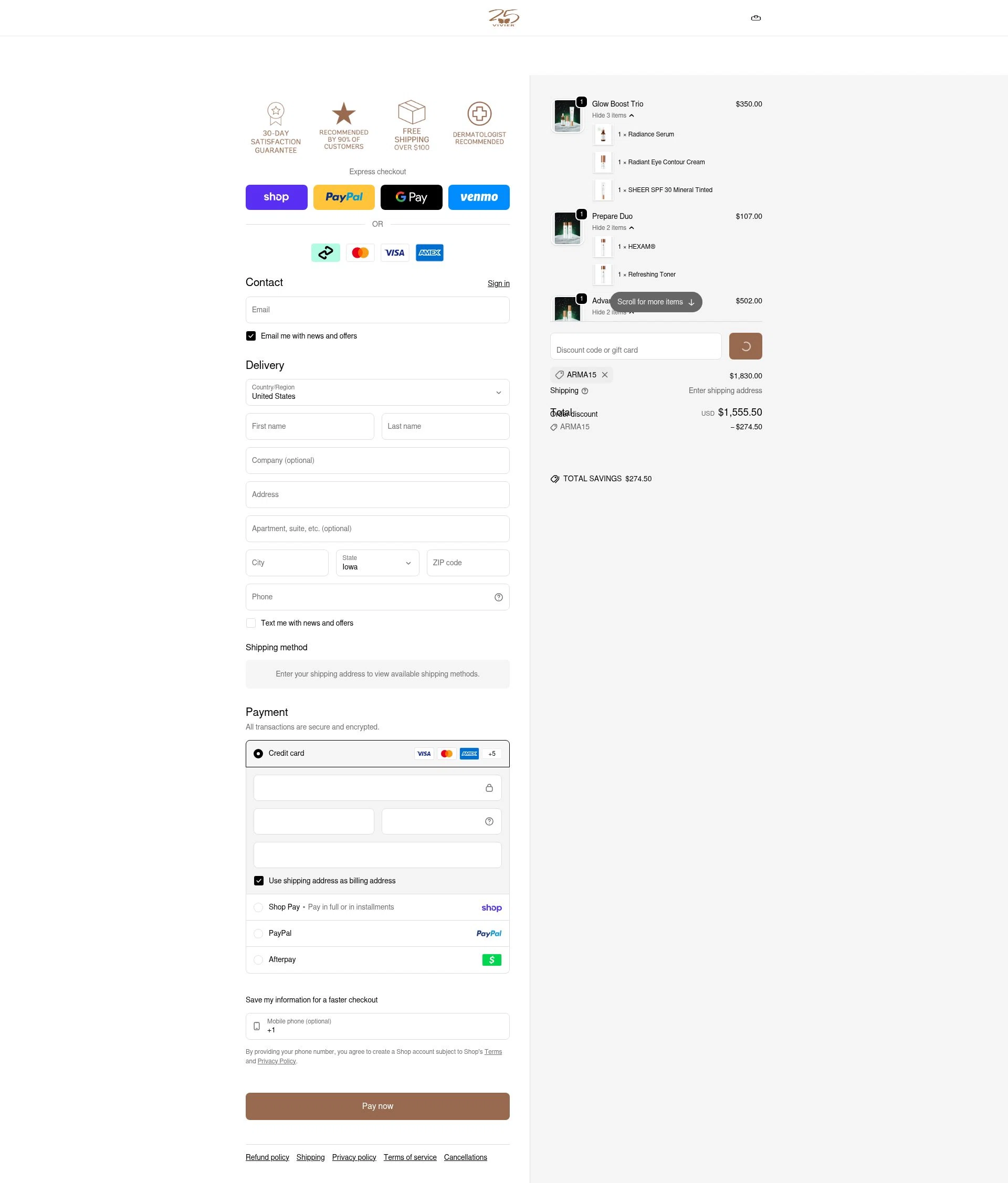 Vivier Skin checkout page showing Vivier Skin discount code box | Screenshot taken by SimplyCodes community member on Feb 8, 2026