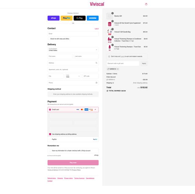 Viviscal checkout page showing Viviscal coupon code box | Screenshot taken by SimplyCodes community member on Sep 5, 2025