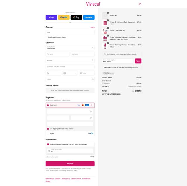 Viviscal checkout page showing Viviscal coupon code box | Screenshot taken by SimplyCodes community member on Sep 9, 2025