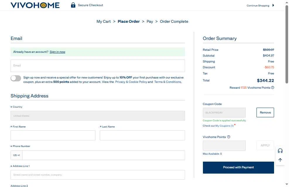 VIVOHOME checkout page showing VIVOHOME coupon code box | Screenshot taken by SimplyCodes community member on Nov 20, 2025