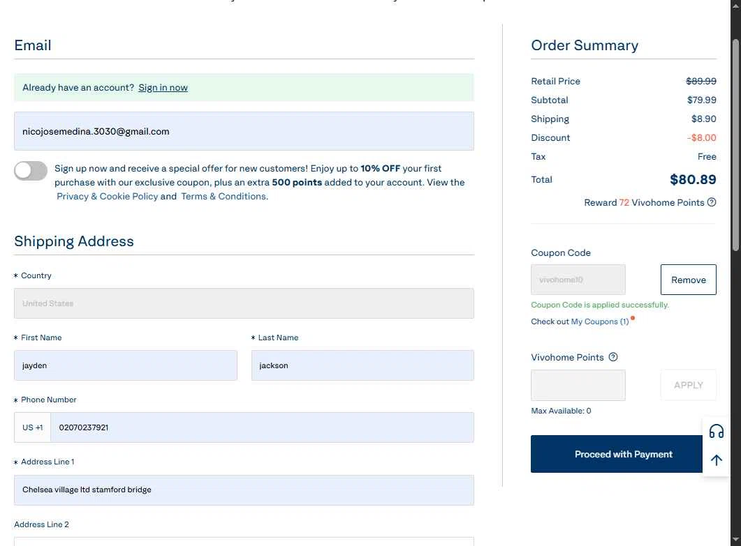 VIVOHOME checkout page showing VIVOHOME coupon code box | Screenshot taken by SimplyCodes community member on Sep 2, 2025
