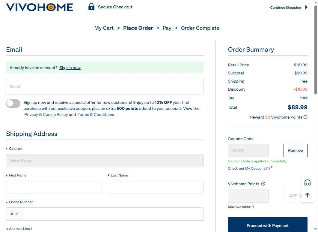 VIVOHOME checkout page showing VIVOHOME coupon code box | Screenshot taken by SimplyCodes community member on Aug 1, 2025