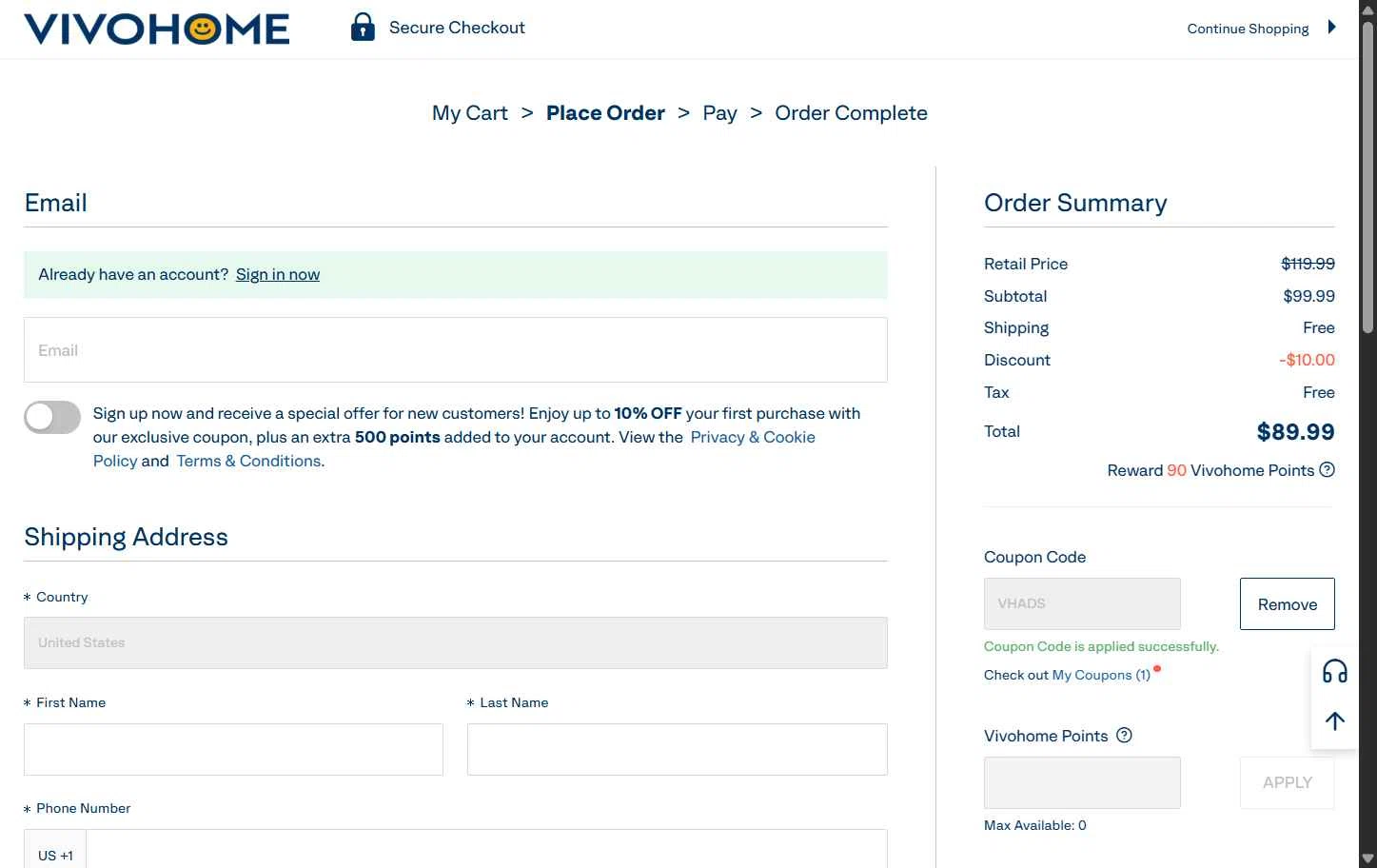 VIVOHOME checkout page showing VIVOHOME coupon code box | Screenshot taken by SimplyCodes community member on Oct 14, 2025
