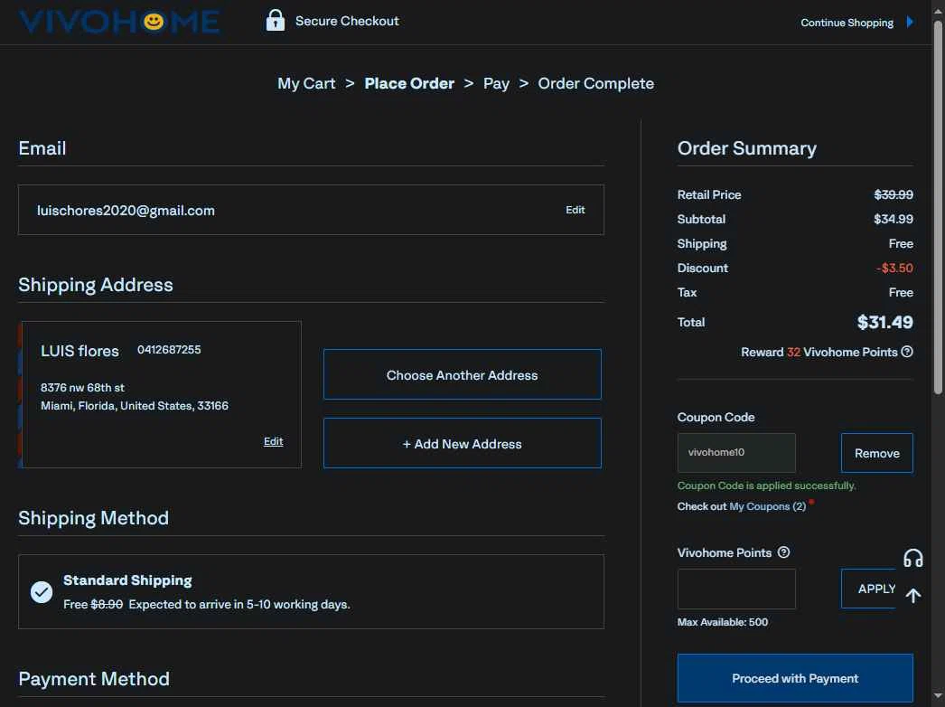 VIVOHOME checkout page showing VIVOHOME coupon code box | Screenshot taken by SimplyCodes community member on Aug 11, 2025