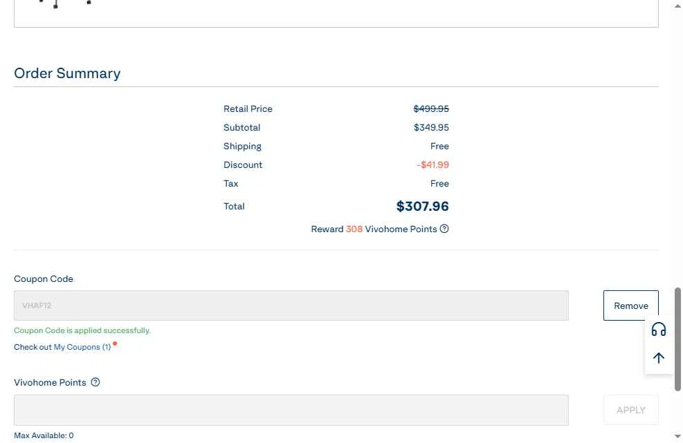 VIVOHOME checkout page showing VIVOHOME coupon code box | Screenshot taken by SimplyCodes community member on Sep 1, 2025