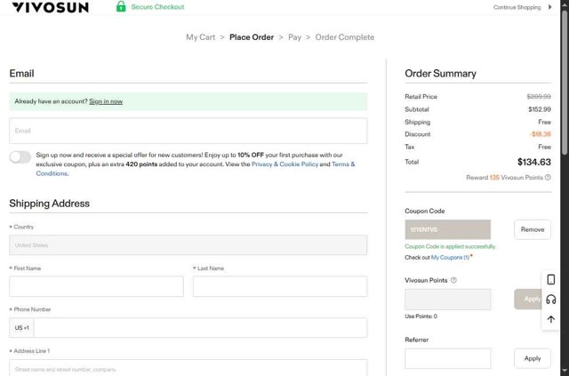 Vivosun checkout page showing Vivosun coupon code box | Screenshot taken by SimplyCodes community member on Aug 26, 2025