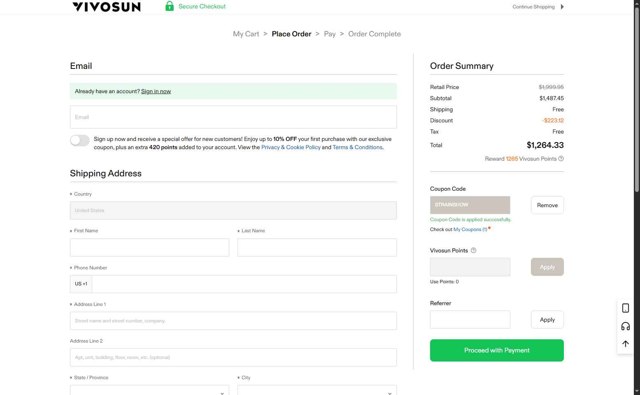 Vivosun checkout page showing Vivosun coupon code box | Screenshot taken by SimplyCodes community member on Aug 20, 2025