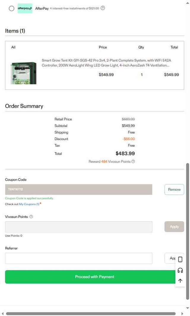 Vivosun checkout page showing Vivosun coupon code box | Screenshot taken by SimplyCodes community member on Aug 19, 2025