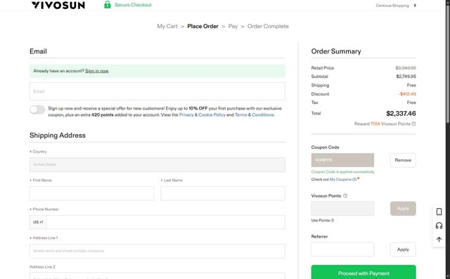 Vivosun checkout page showing Vivosun coupon code box | Screenshot taken by SimplyCodes community member on Sep 2, 2025