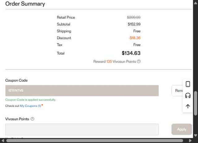 Vivosun checkout page showing Vivosun coupon code box | Screenshot taken by SimplyCodes community member on Sep 5, 2025