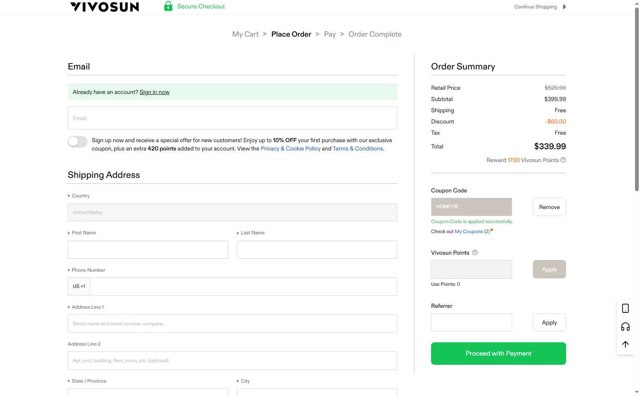 Vivosun checkout page showing Vivosun coupon code box | Screenshot taken by SimplyCodes community member on Aug 22, 2025
