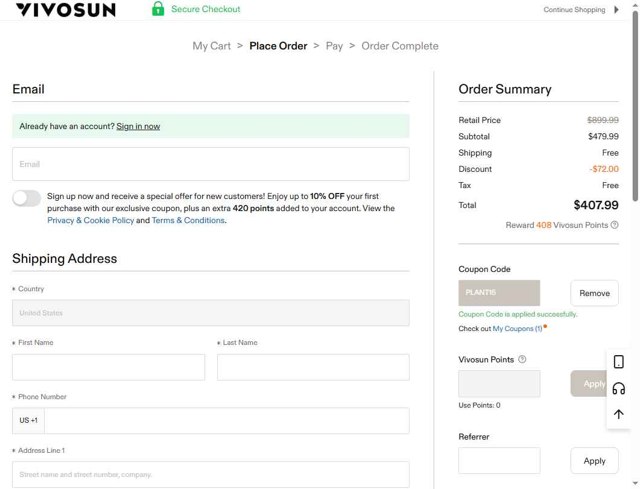 Vivosun checkout page showing Vivosun coupon code box | Screenshot taken by SimplyCodes community member on Aug 21, 2025