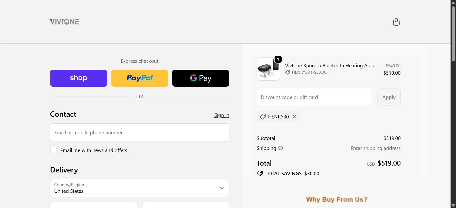 Vivtone Hearing promo code screenshot showing code HENRY30 applied at Vivtone Hearing checkout page. Uploaded by SimplyCodes community member SavvyMonarch2877 on Jun 8, 2026